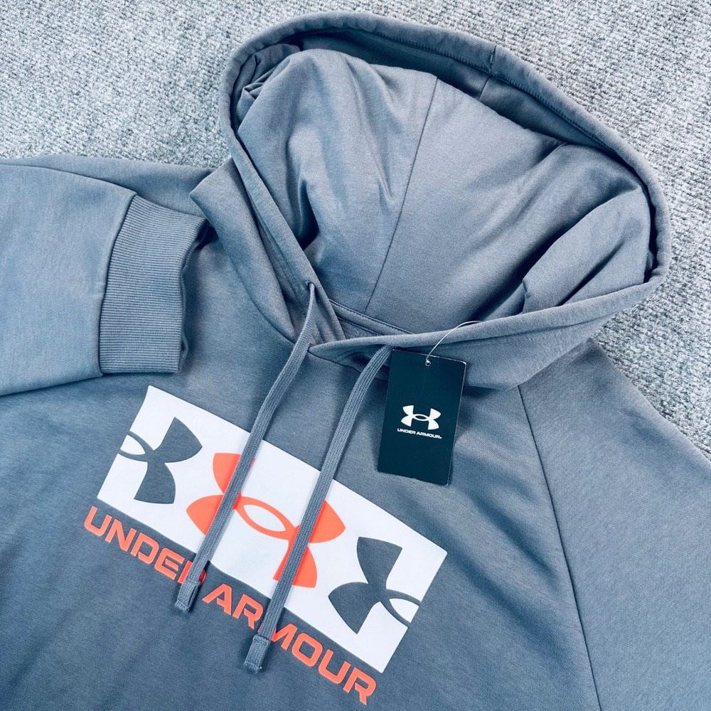 Under Armour Men's 4XL Rival Fleece Hoodie Pullover Grey Orange Big Graphic Logo